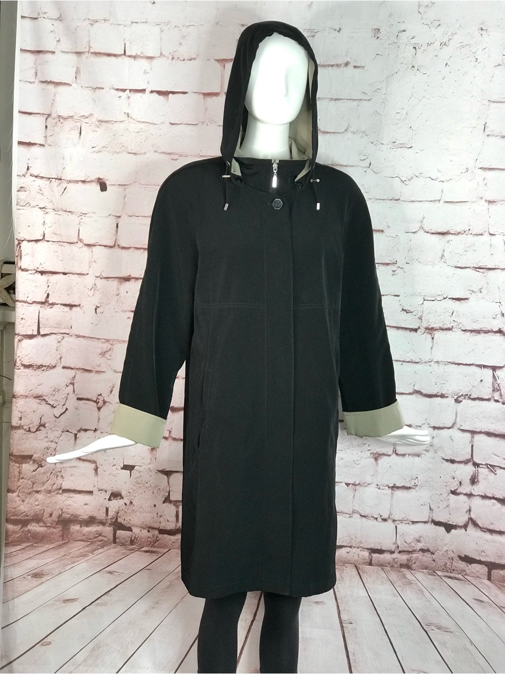 GALLERY Black & Taupe Trench Coat Raincoat detach Hood Size Medium 37” Length - Picture 14 of 16